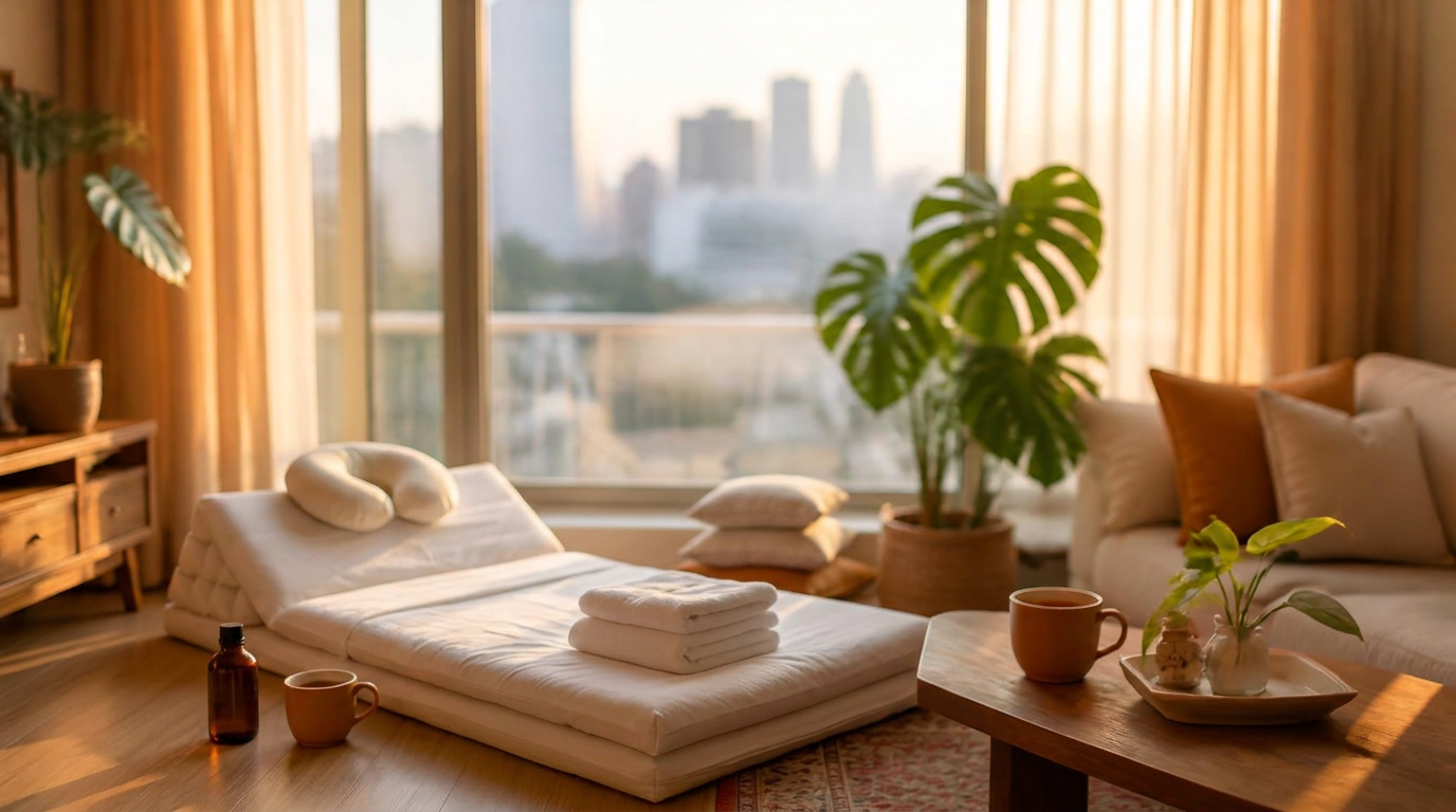 A warm, sunlit Bangkok living room with a comfortable Thai massage mat on the floor, fresh linens, oil and a cup of tea